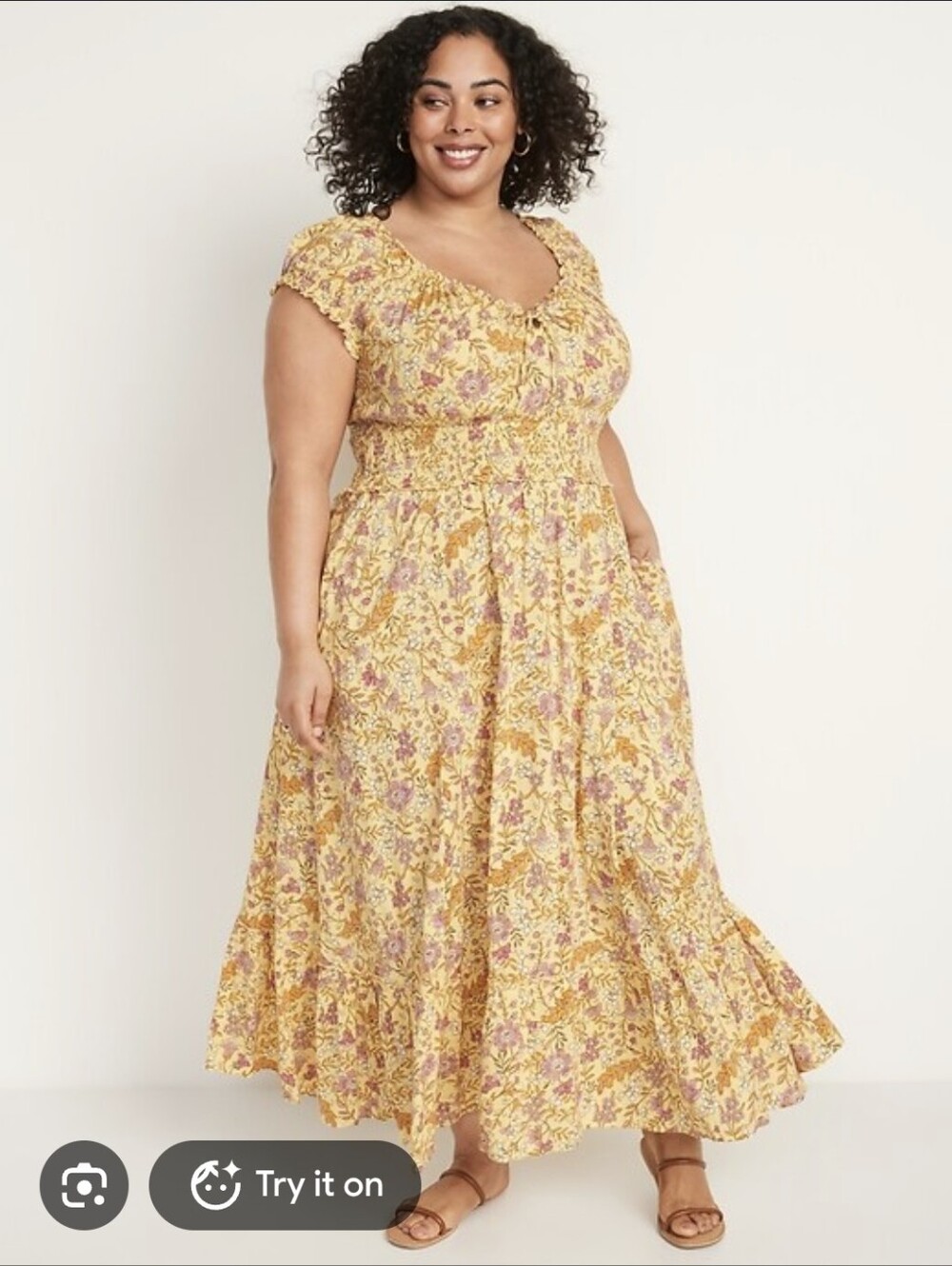 NWT Old Navy Yellow Waist-Defined Short-Sleeve Floral Printed Midi Dress